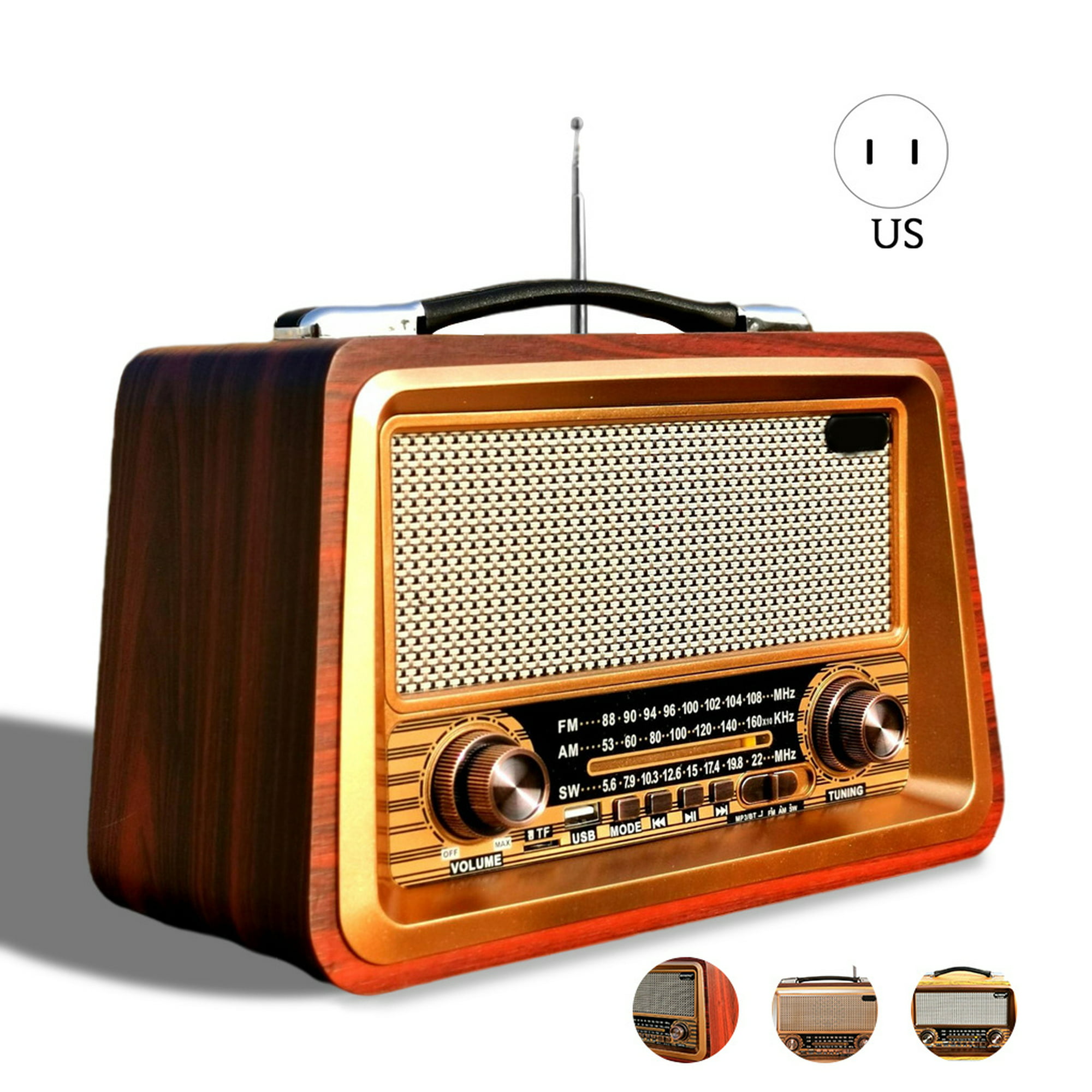  Radio FM Bluetooth, radio retro enchufable de pared, altavoz  Bluetooth de madera vintage, radio portátil de onda corta con pantalla LED,  recargable de 2000 mAh con perilla giratoria para oficina interior