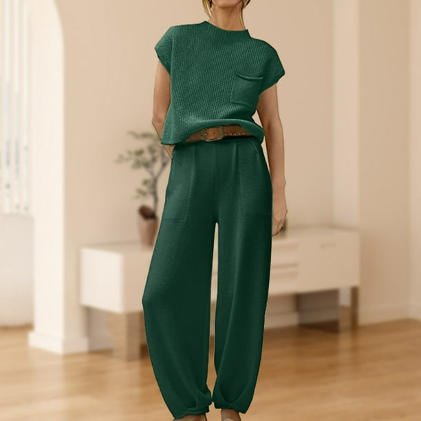 Pantalones Blusas de mujer Tops + Pantalones Moda de punto Sin mangas +  Pantalones Trajes (Verde osc Kuymtek Verde oscuro T S para Mujer