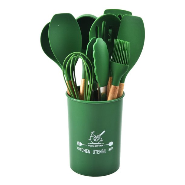 GENERICO Juego Utensilios de cocina silicona con madera 10 pcs Verde