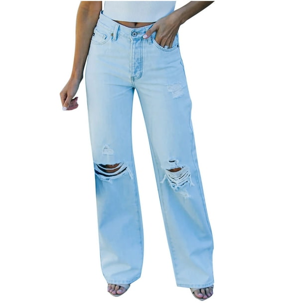 Pantalones Para Mujer Cintura Alta Temperamento Lavado Agujero Bolsillo  Pierna Ancha Casual Jeans Pantalones Odeerbi ODB122313