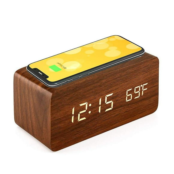 despertador de madera con cargador inalámbrico qi compatible con iphone samsung reloj digital led de active biensenido a active