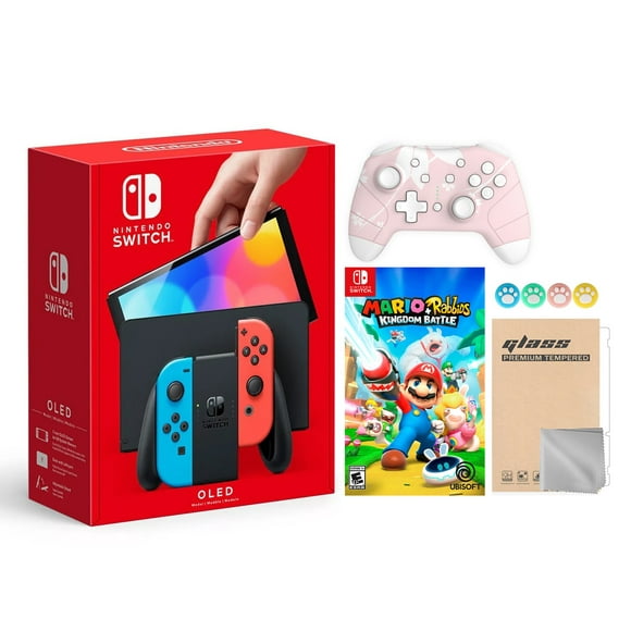 2021 new nintendo switch oled model neon red  blue joy con 64gb console hd screen  lanport dock with mario rabbids kingdom battle and mytrix wireless controller and accessories nintendo hegskabaa