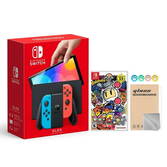 2021 new nintendo switch oled model neon red  blue joy con 64gb console hd screen  lanport dock with super bomberman r and mytrix joystick caps  screen protector nintendo hegskabaa