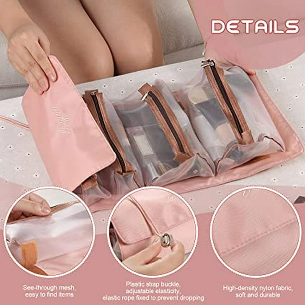 Bolsa de cosméticos desmontable, bolsa de maquillaje de malla portátil 4 en  1, bolsa de aseo de viaje para colgar y enrollar, bolsa de organización de  maquillaje resistente al agua (rosa) TUNC