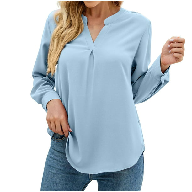 Moda mujer Casual sólido cuello en manga larga suelta camiseta otoño blusa pulóver botón Tops Pompotops FGAJ14368 | Bodega Aurrera en línea