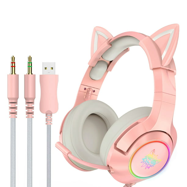 Audifonos gamers de gato estéreo HiFi, Auriculares gaming con orejas para  jugador, cascos gaming con micrófono para PS4 PC, RGB, negro y rosa, para