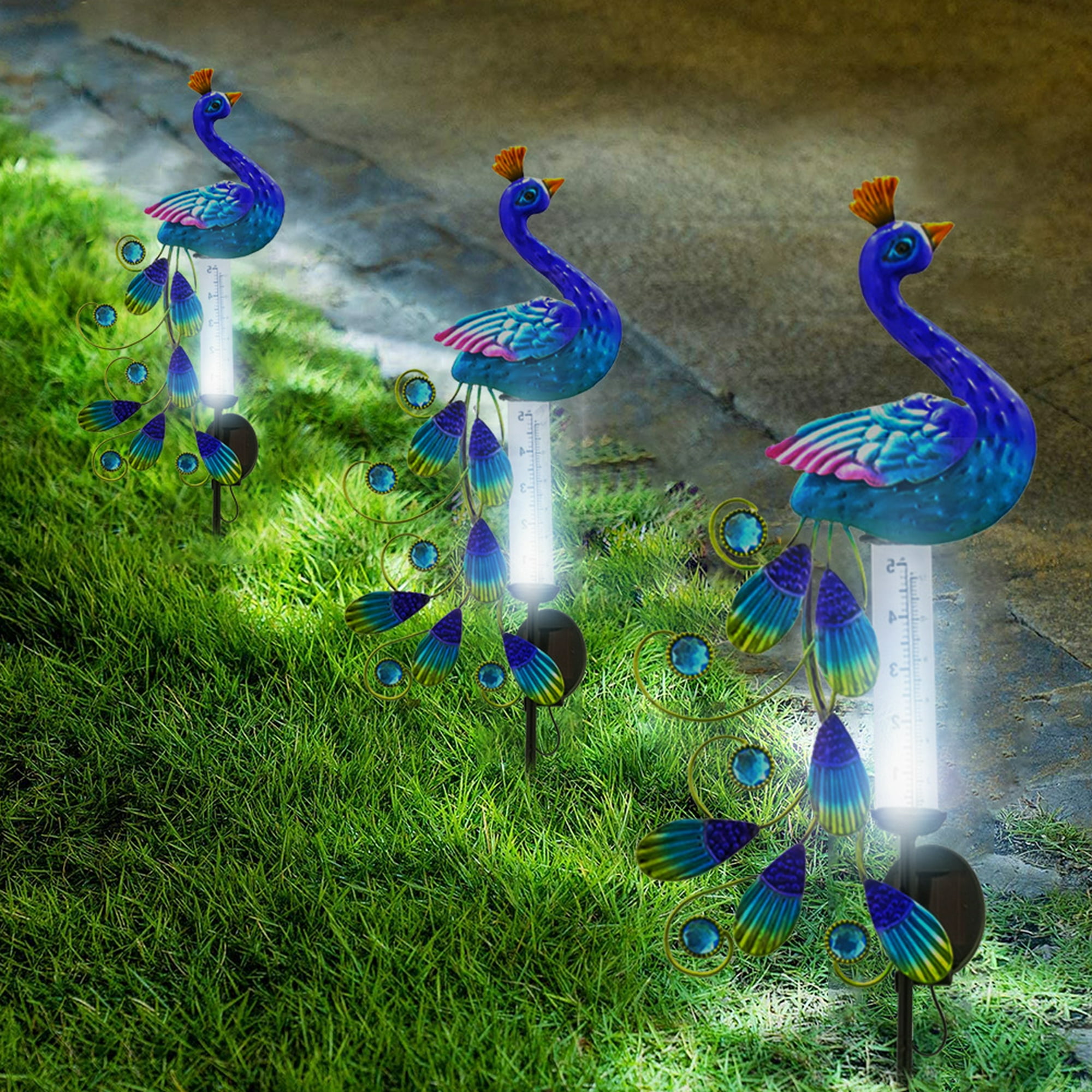 Medidor de lluvia, LED de decoración de juegos de jardín con energía solar,  de pavo real, arte de jardín de metal para exteriores, cé Soledad  pluviómetro