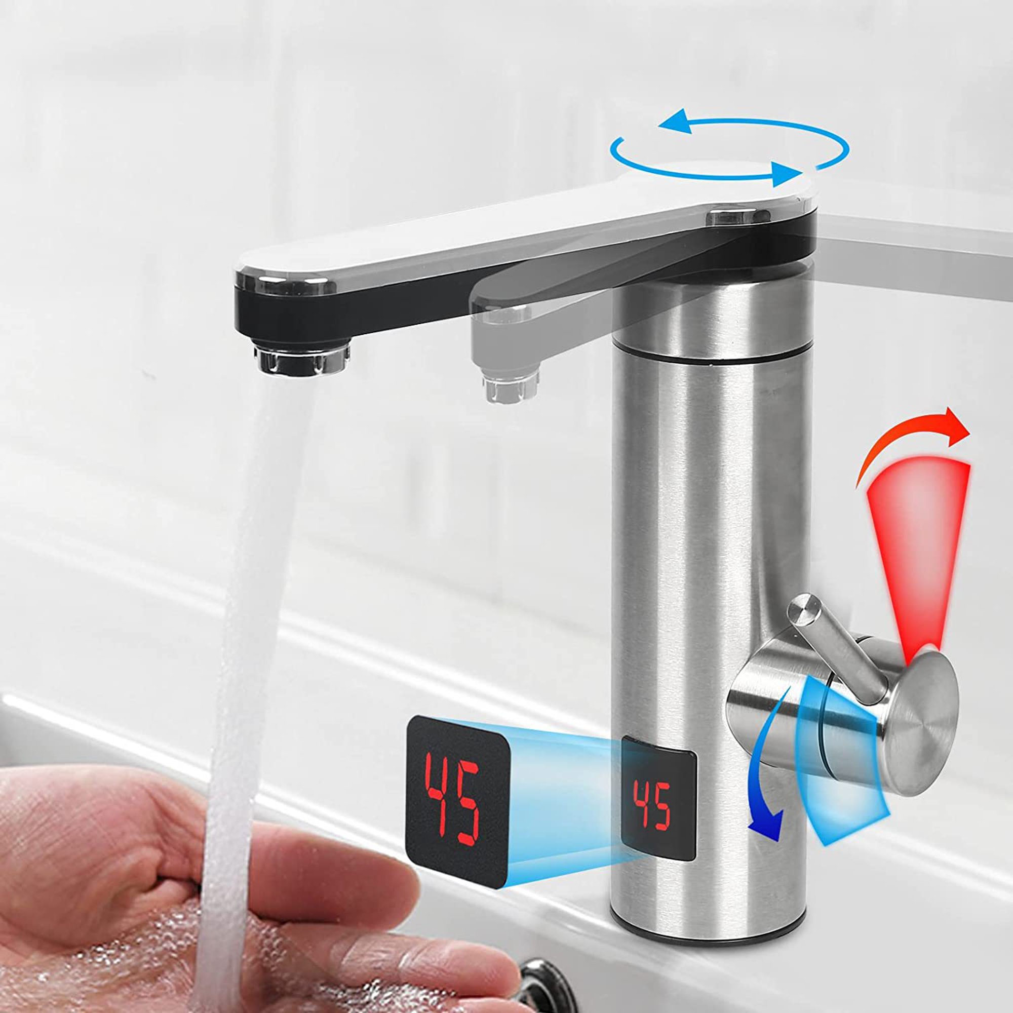  Grifo eléctrico de agua caliente instantáneo, grifo mezclador  de fregadero de cocina con pantalla digital, suministro de 360° de agua  fría y caliente, grifo de agua caliente de acero inoxidable de