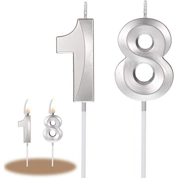 Velas de cumpleaños plateadas de 18 años, cantidad 1 velas y cantidad 8  velas, vela de pastel 3D, decoración de sombrero, regalo de ceremonia  conmemorativa, 2 pares Sincero Electrónica