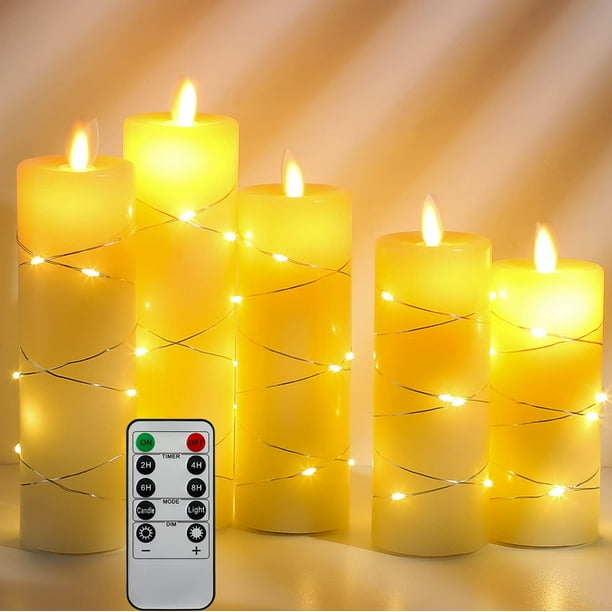 Vela LED, vela que funciona con pilas con luces de cadena empotradas, 5  velas sin llama con control remoto de 10 botones, función de temporizador  de 24 horas, llama danzante, cera real (