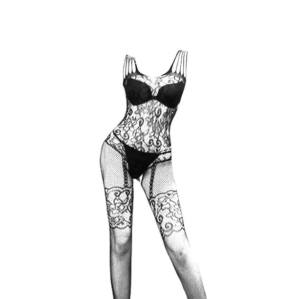 Gibobby Conjunto de lencería de encaje Lenceria Sexy para Mujer Ropa  Interior Sensual de una Pieza Erotica de Encaje con Cuello V Pijama Tirantes(Negro,  Talla única)