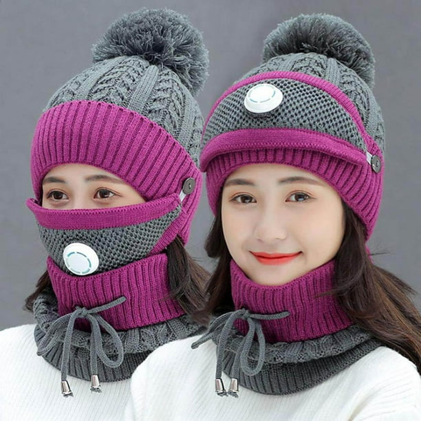 Traje forrado de lana para mujer de punto bufanda de frijoles Sombrero de  esquí de invierno para niñas con orejeras Pompón Chenilla Pink Cap + babero