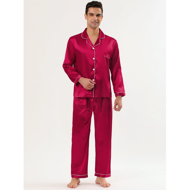 de pijama de satén para hombre, manga con botones, ropa de dormir, ropa de dormir, Unique Bargains Pijama | Walmart en línea