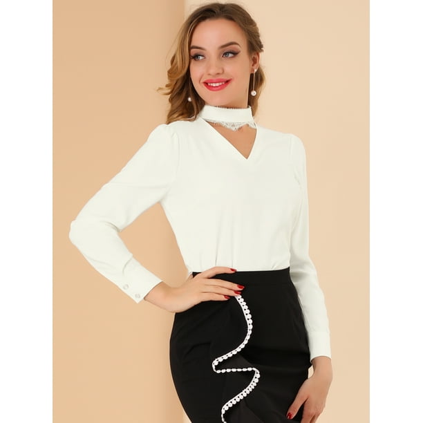 Blusas elegantes para mujer con cuello alto y manga larga con panel de  encaje blanco S Unique Bargains Blusa