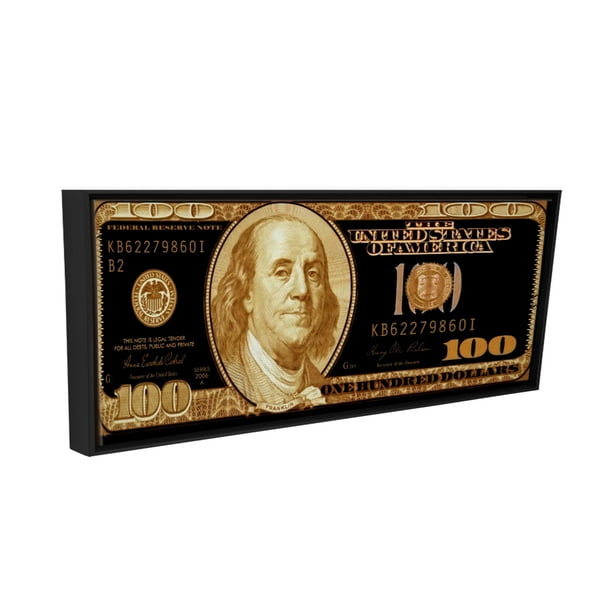 Cuadro Decorativo Billete 100 Dollar Dorado Listo Para Colgar Marco Flotado Negro Maxigráfica 9095