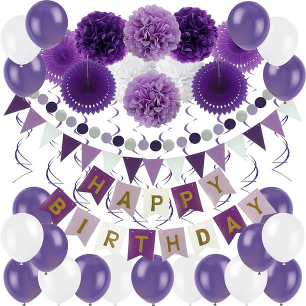 Decoración de fiesta de cumpleaños, colorido cartel de feliz cumpleaños con  pompones de flores, guirnalda de papel circular, remolino colgante para