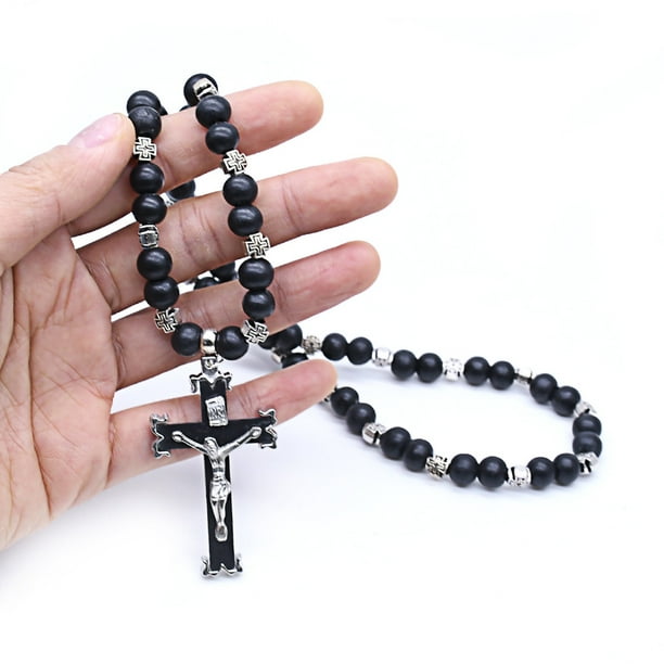 Collar de cuentas de rosario de madera retro para mujer, colgante de cruz  de Jesús, regalos religiosos