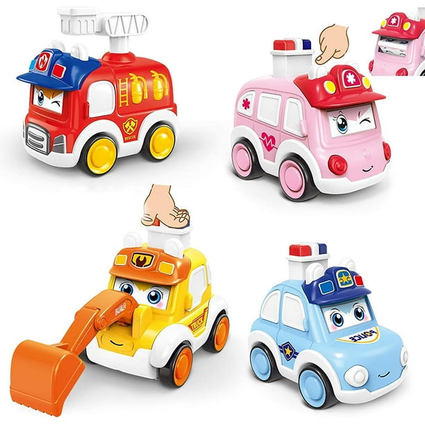 Coches de bebé de juguete para niño de 3 años, juguete de empuje para niños  pequeños, coches de cuerda, 4 piezas, vehículos de prensa accionados por  fricción, regalo de cumpleaños para niños