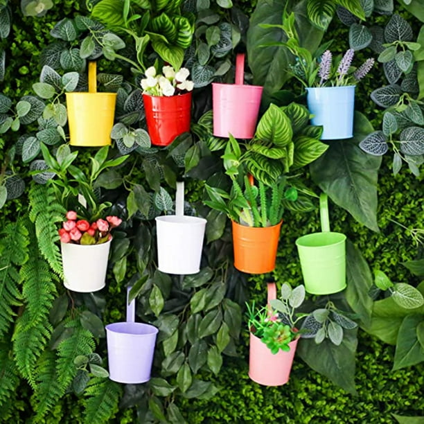  Macetas colgantes, 10 piezas para colgar plantas, soportes de  flores de hierro de metal, barandilla de cubo, macetas colgantes para  interiores, exteriores, balcón, jardín, valla de pared con gancho  desmontable para