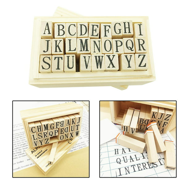 Sellos de letras del alfabeto de madera, con caja de madera, sello de  símbolo, sello de goma multiusos, sello para manualidades DIY, accesorios  para