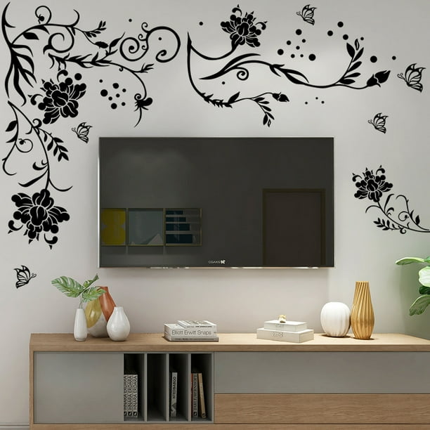 Pegatinas Pared Espejo Flores Florero y 30pcs Mariposas Vinilos Decorativas  Adhesivos DIY Hogar Salón Do…