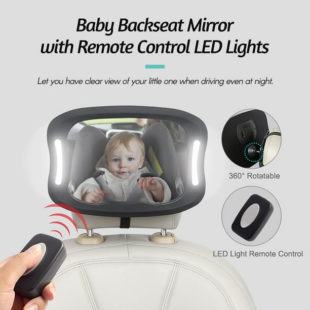 Espejo de coche de bebé LED, espejo retrovisor de bebé, espejo de asiento  trasero de coche de bebé, espejo de asiento trasero, espejo de coche de bebé,  rotación de 360°, 100% irrompible