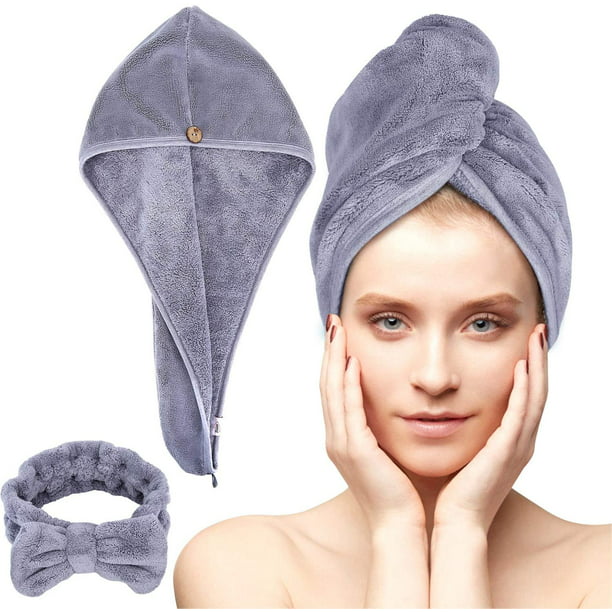 Toalla de microfibra para todo tipo de cabello, paquete de 2 turbantes de  secado rápido, perfecto para mujeres, hombres y niños (beige + gris)
