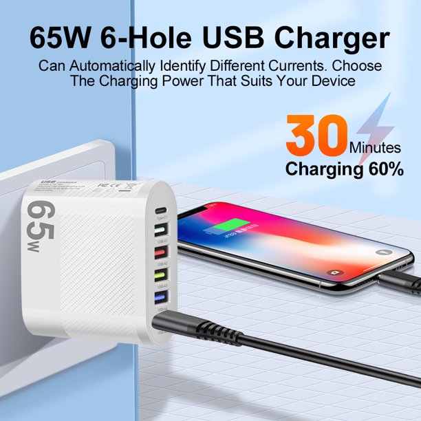 Cargador de teléfono de 65 W USB tipo C 5 V/3,5 A adaptador de cargador  para iPhone (enchufe negro d Ndcxsfigh