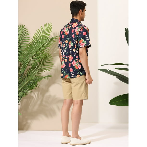 Lars Amadeus Camisa de flores para hombre, manga corta, informal, con  botones, con estampado floral tropical hawaiano rosa marino S Lars Amadeus  Camisa