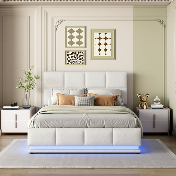  Cama tapizada Queen con LED inteligente, cama de