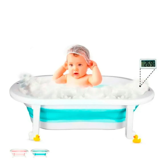 bañera para bebé con protecciones antiderrapantes y termómetro plegable y portátil de color azul  tina de baño para bebé de viaje baby gaon tina