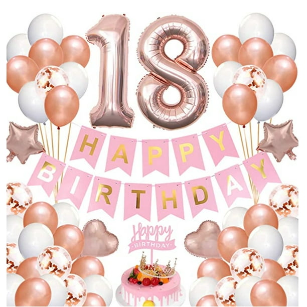 JM Decoraciones de 18 cumpleaños para mujeres, decoraciones de 18 cumpleaños  de oro rosa, decoraciones de 18 cumpleaños, pancarta de feliz 18 cumpleaños,  pompones de papel, globos de papel de aluminio de