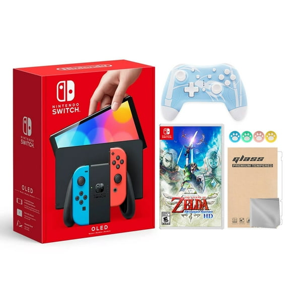 2021 new nintendo switch oled model neon red  blue joy con 64gb console hd screen  lanport dock with the legend of zelda skyward sword hd and mytrix wireless switch pro controller and accessories nintendo hegskabaa
