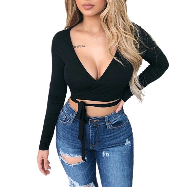 TRKIYQC camiseta Sexy de manga larga s lida para mujer Tops cortos s lidos camisetas de moda para TRKIYQC moderno