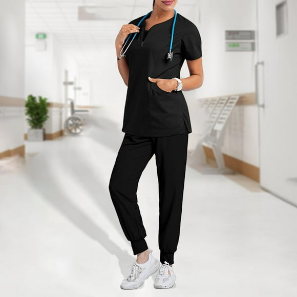 enfermería scrub set de la salud ropa protectora traje manga corta túnica laboratorio m negro hugo pantalones superiores unisex