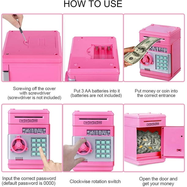 Hucha electrónica, caja de ahorro de billetes con ruedas automática, hucha  con contraseña de cajero automático, juguete perfecto para regalo (rosa)  Levamdar LT406-3