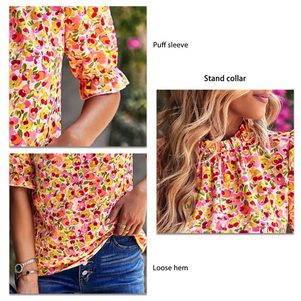 Blusas Mujer Verano,Blusa De Poliéster Para Mujer, Camisas De Manga Corta  Con Cuello En V, Blusas Con Estampado Floral, Blusa Elegante, Chaqueta