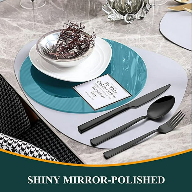 Juego de cubiertos negros de acero inoxidable, 20 piezas, incluye cuchillo,  tenedor, cuchara, pulido con espejo, apto para lavavajillas