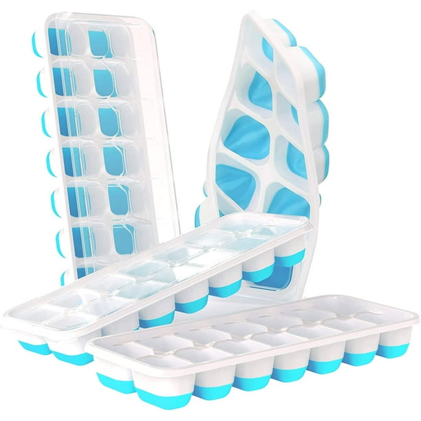 4 bandejas flexibles de silicona de fácil liberación y 14 cubitos de hielo  con tapa extraíble resistente a derrames, para cócteles, congelador,  bandejas de hielo apilables con cubiertas (azul claro) Rojo Verde