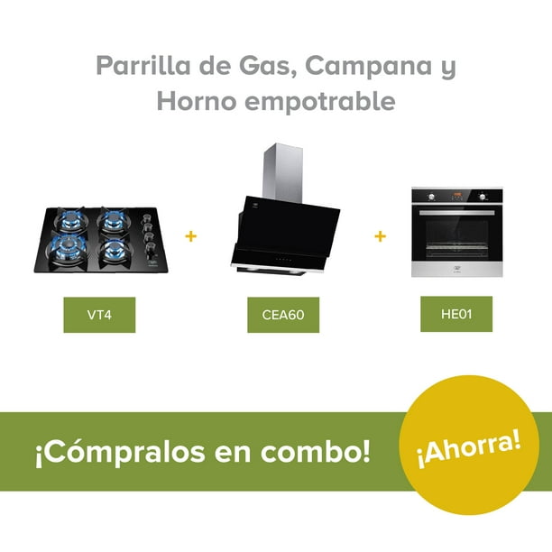Combo Parrilla de Gas 4 Quemadores Y Horno Empotrable 60 cm. AVERA  VT4HE01NAT/Gas Natural y Gas LP/Acero Inoxidable.