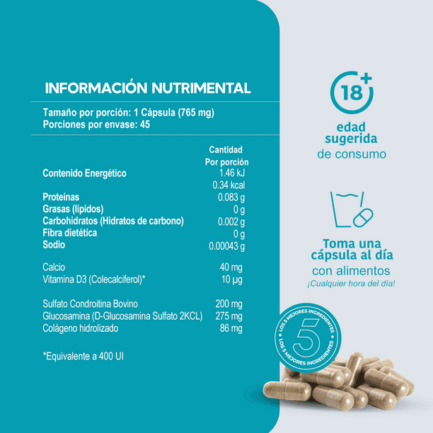 Multivitaminico Articulaciones Colageno Hidrolizado Suplemento en Polvo con Glucosamina  Condroitina Vitamina B y Calcio para 45 dias LIFEED5 JOINTS POLVO