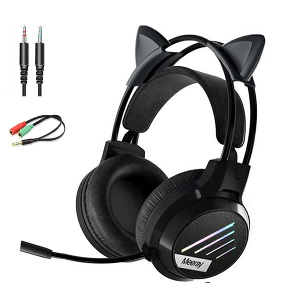 Auriculares con orejas de gato para Gamers, cascos con micrófono