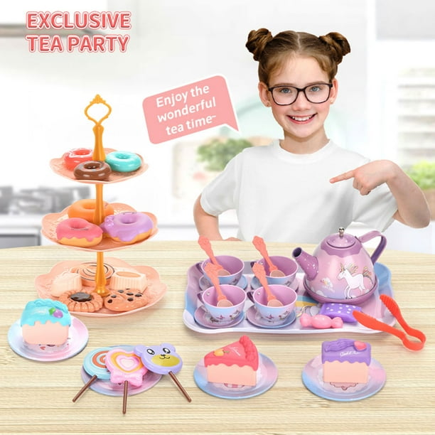 D-FantiX Juego de té para niñas pequeñas, 52 piezas de juguetes de té para  niñas, juego de fiesta de té por la tarde, juego con tazas de té de
