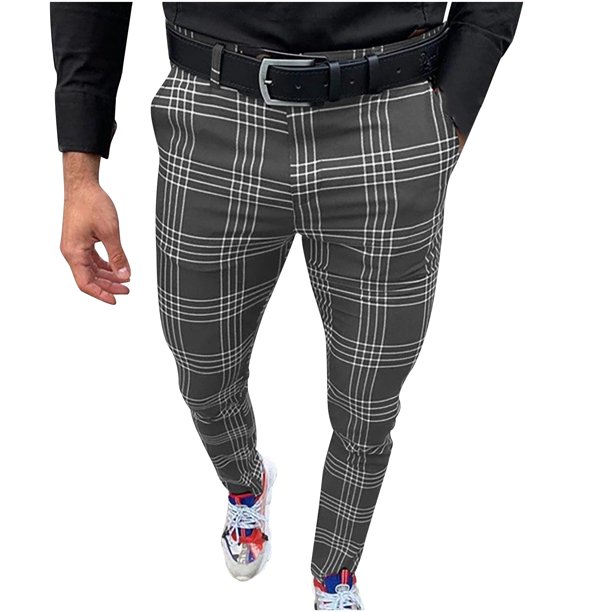 Men's Plaid Flat-Front Stretch Pants Mens Lightweight Dress Pants Relaxed  Fit with Pockets Slim Fit Pants Men