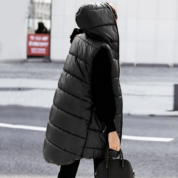 SHOPESSA Chalecos acolchados de invierno para mujer, abrigos largos de  charol, chaqueta de plumón Anorak con bolsillos grandes y capucha para mujer