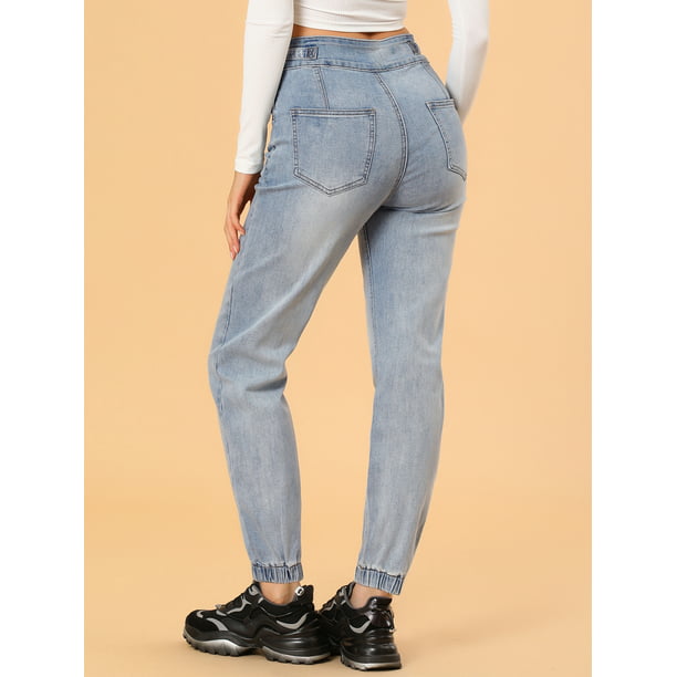 un poco Huracán Sin alterar Jeans de mezclilla de pierna recta elegante de cintura alta para mujer Azul  claro M Unique Bargains Pantalones | Walmart en línea