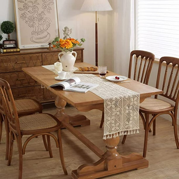 Camino de mesa de 10 x 69 pulgadas, tejido de algodón con encaje de  ganchillo bohemio con borlas para mesa de comedor del hogar, decoración de  estilo