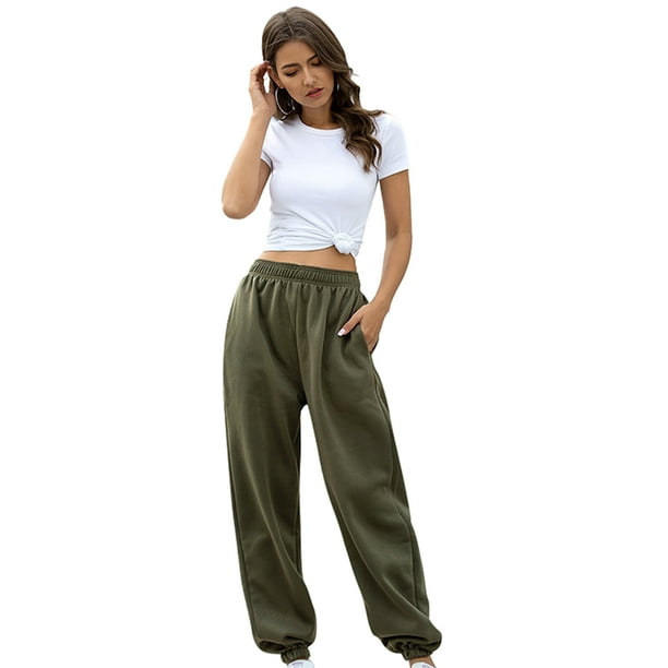 Pantalones deportivos de algodón para mujer, cintura alta, pantalones  deportivos holgados con bolsillos