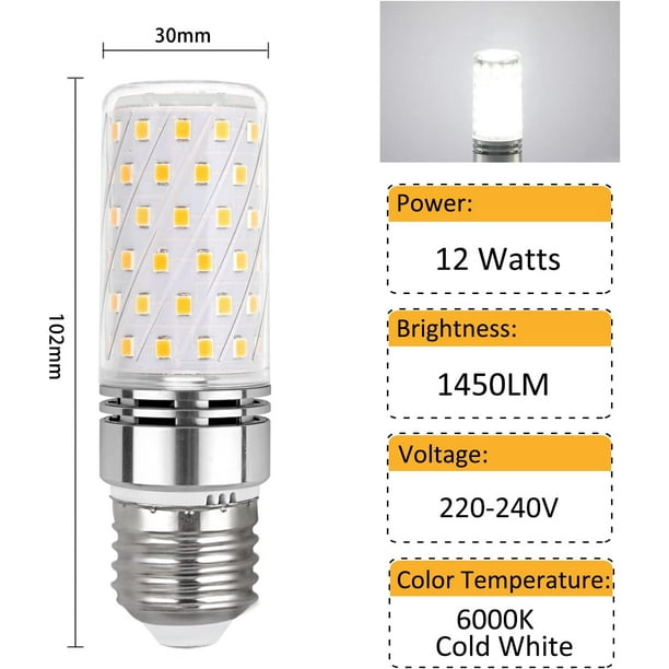 Bombilla LED E27 de 12 W, luz blanca fría, 6000 K, 1450 lm, luz de 360°,  equivalente a halógeno E27 de 100 W, CA 230 V, lámpara LED E27 pero fría  para