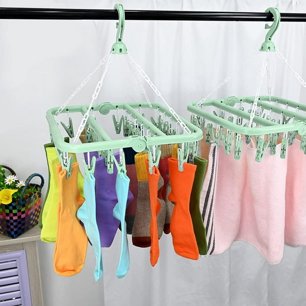 Tendedero de calcetines, perchas plegables de plástico para secar ropa,  tendedero colgante con 32 pinzas para calcetines, ropa interior, ropa,  toallas